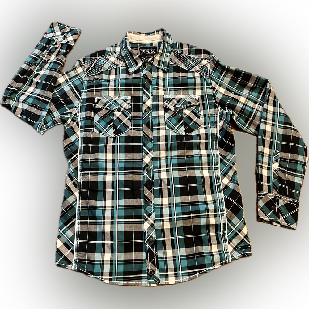 Buckle Black Slim Fit Western Snap Shirt Contrast Stitch Teal Black Plaid Size L